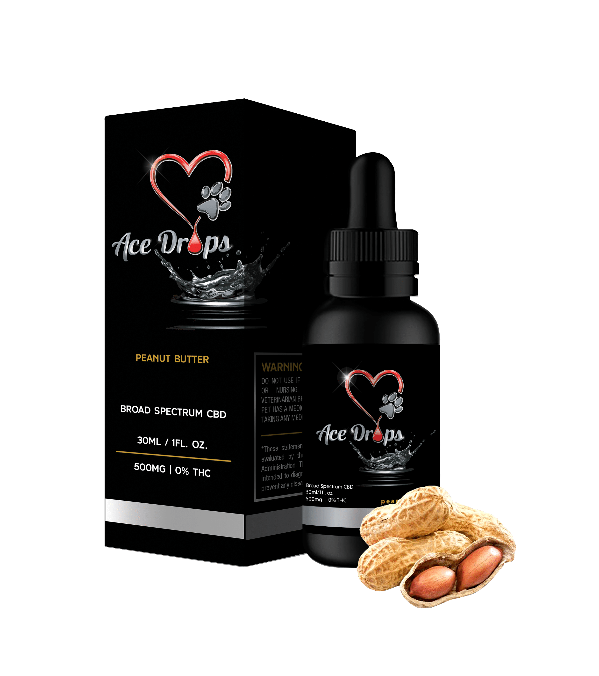 Ace Drops All Natural Premium Pet CBD Broad Spectrum Peanut Butter Flavored 500mg Tincture Bottle 0% THC